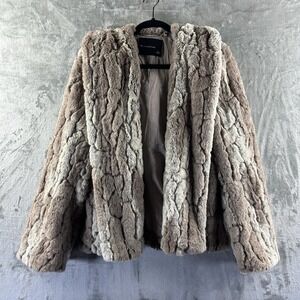 Olivaceous Faux Fur Bomber Jacket in Brown and Cream